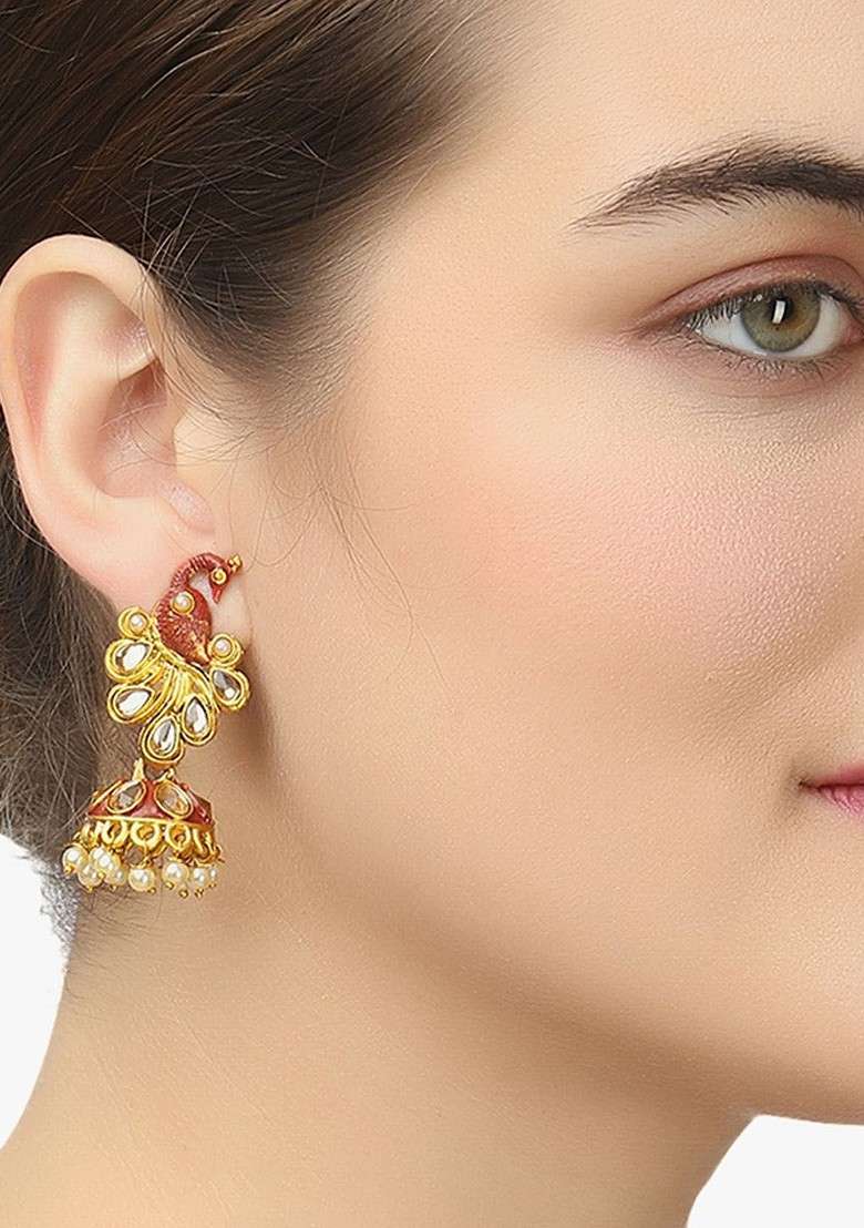 Gold Stone Studded And Beaded Gold Plated Earrings - Indya