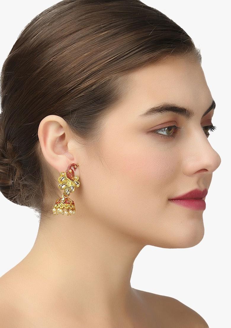 Gold Stone Studded And Beaded Gold Plated Earrings