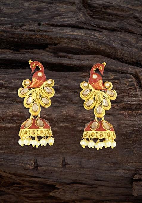 Gold Stone Studded And Beaded Gold Plated Earrings