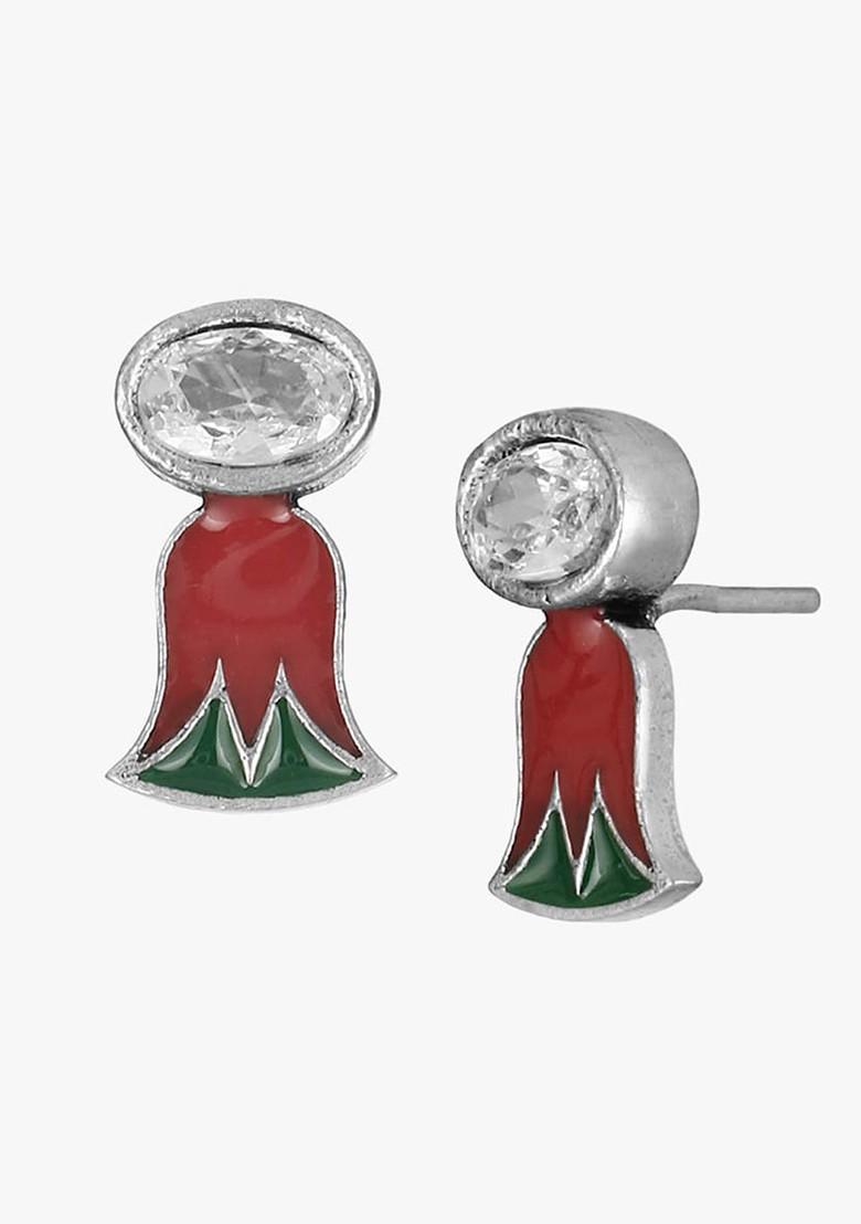 Silver Artificial Stones And Beads Silver Plated  Earrings