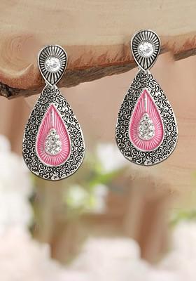 Silver Artificial Stones And Beads Silver Plated  Earrings