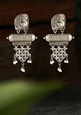 Silver Artificial Stones And Beads Silver Plated  Earrings
