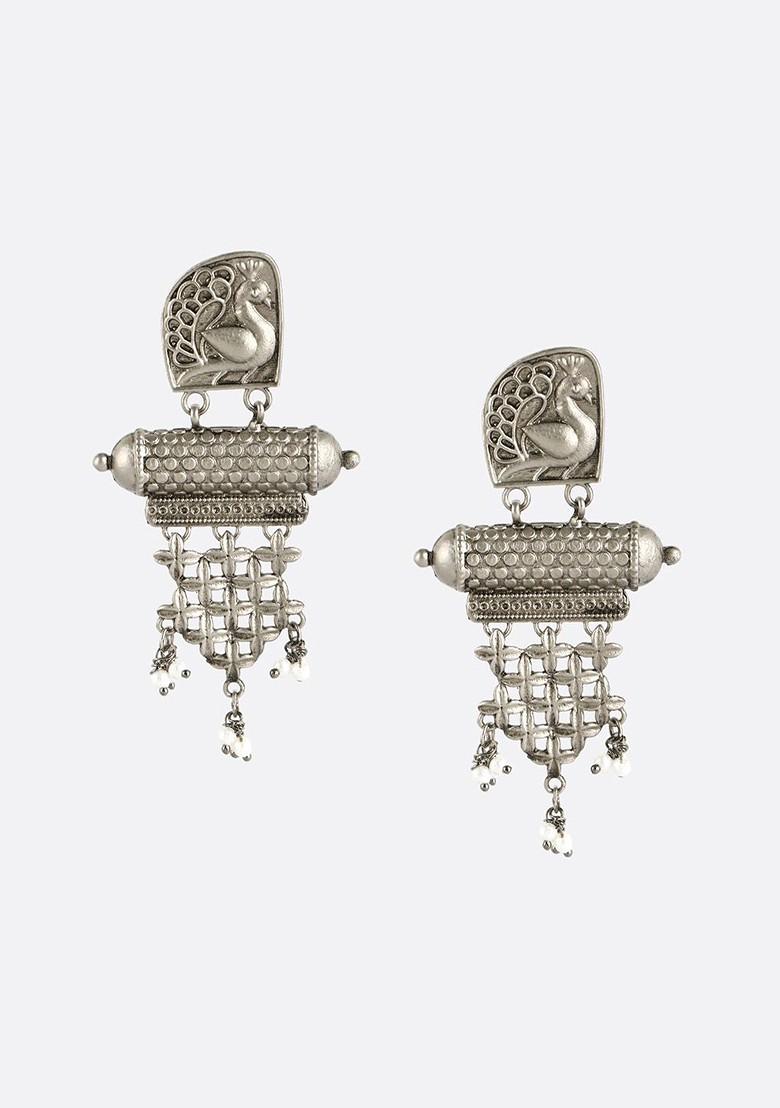 Silver Artificial Stones And Beads Silver Plated  Earrings