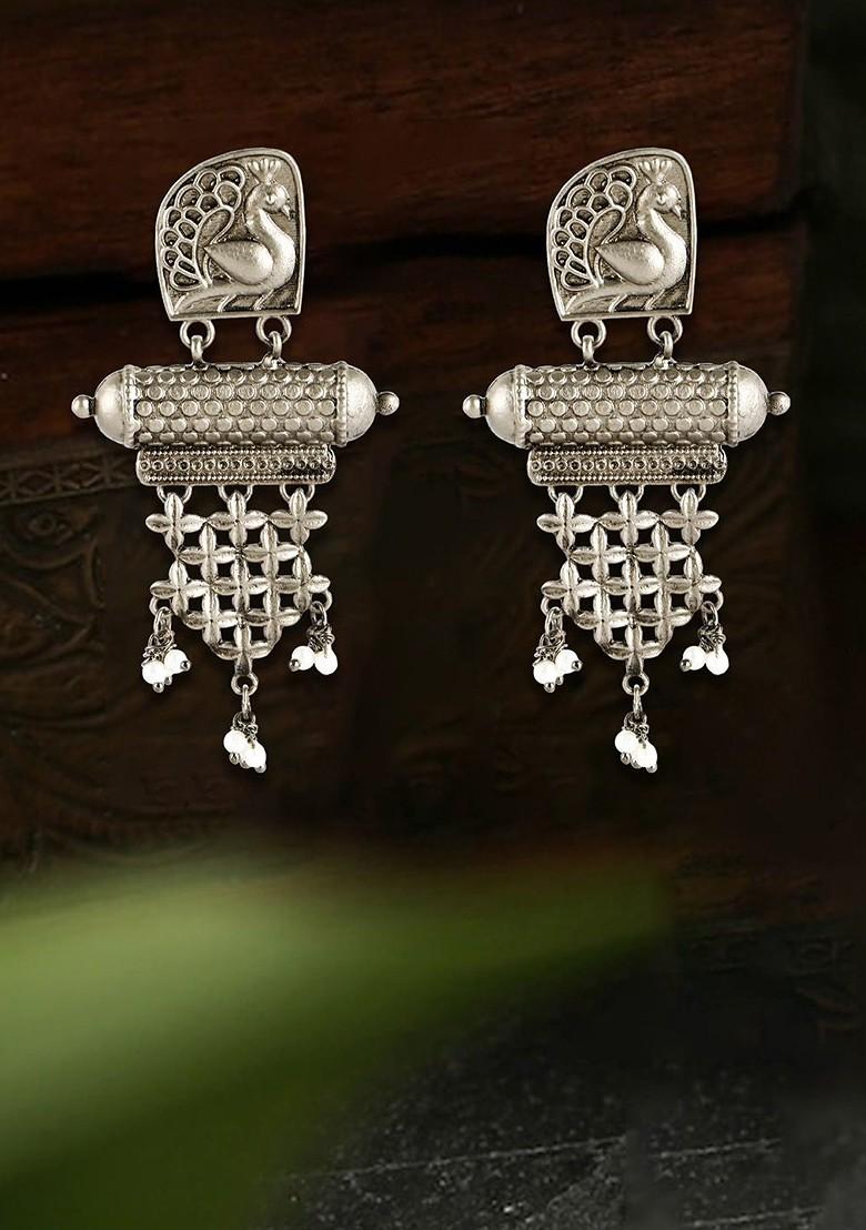 Silver Artificial Stones And Beads Silver Plated  Earrings