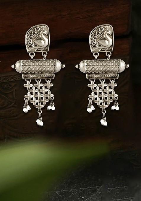 Silver Artificial Stones And Beads Silver Plated  Earrings