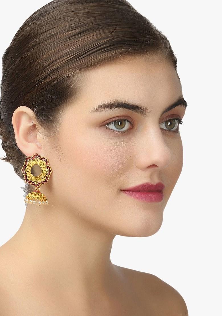 Gold Artificial Stones And Beads Gold Plated Earrings