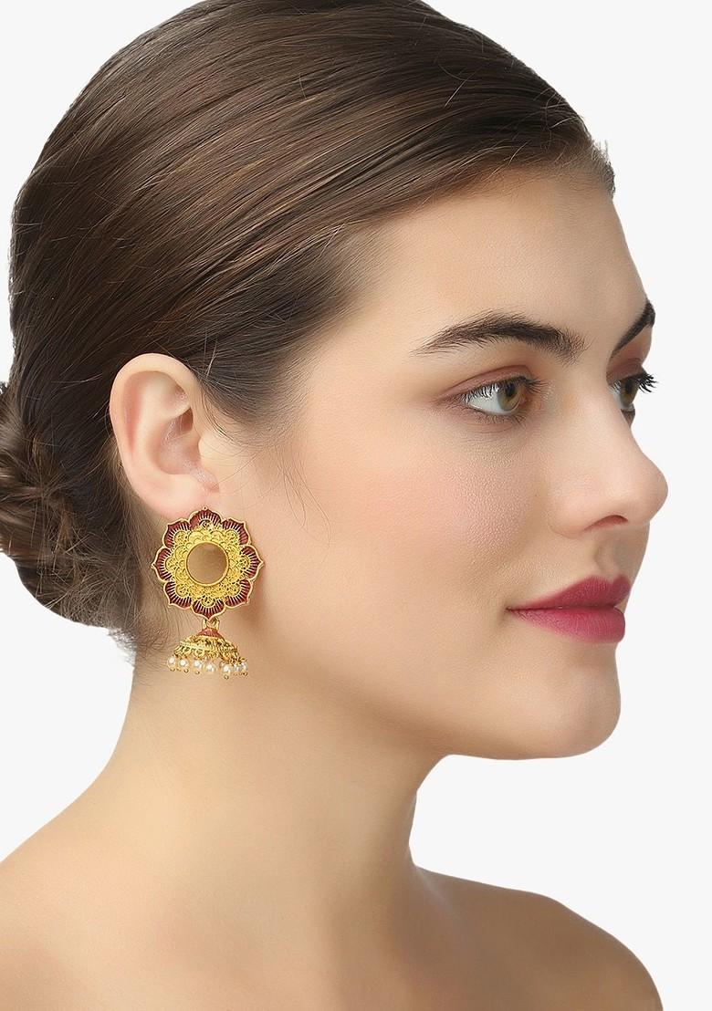 Gold Artificial Stones And Beads Gold Plated Earrings