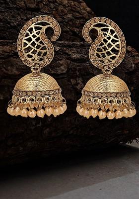 Gold Stone Studded And Beaded Gold Plated Earrings