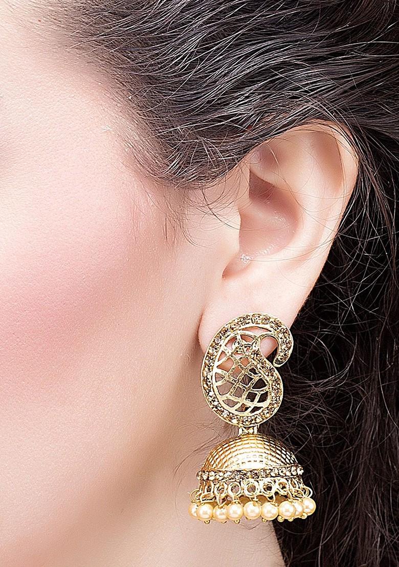 Gold Stone Studded And Beaded Gold Plated Earrings