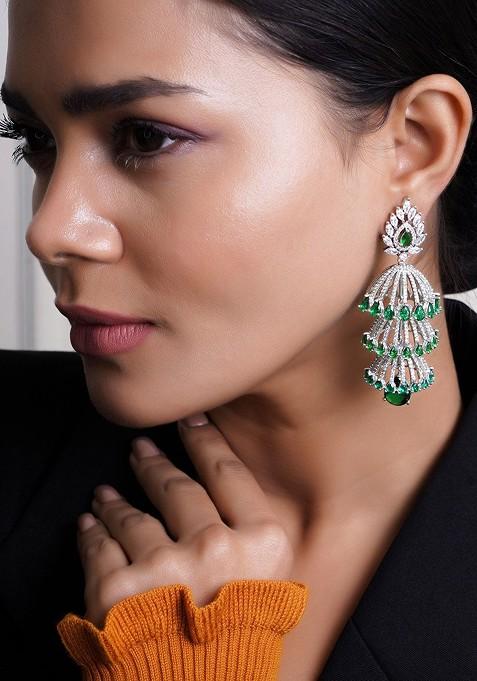 Green Dome Shaped Rhodium Plated Earrings