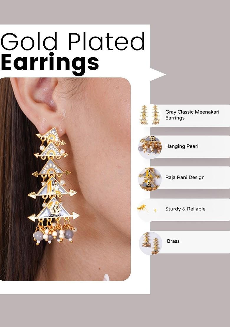 Grey Artificial Stones And Beads Gold Plated Earrings