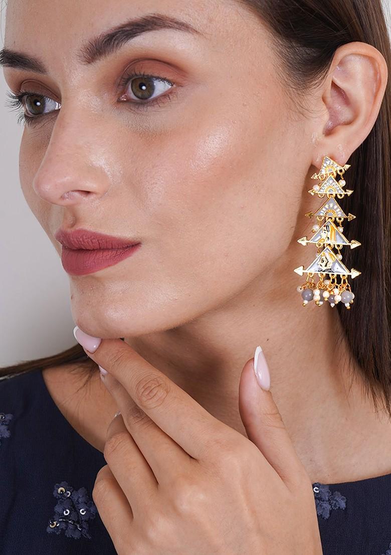 Grey Artificial Stones And Beads Gold Plated Earrings