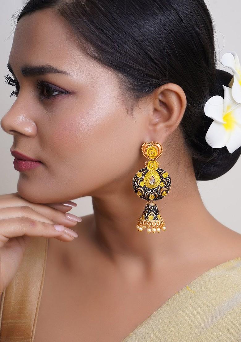 Mustard Yellow Artificial Stones And Beads Gold Plated Earrings