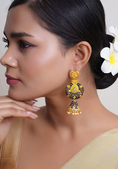 Mustard Yellow Artificial Stones And Beads Gold Plated Earrings