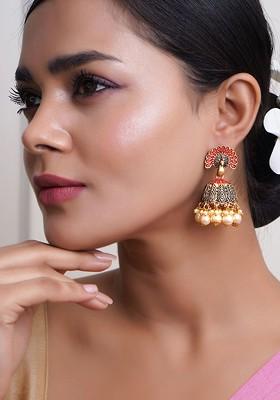 Red Artificial Stones And Beads Gold Plated Earrings