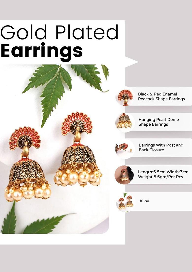 Red Artificial Stones And Beads Gold Plated Earrings