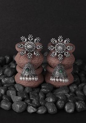 Silver Artificial Stones And Beads Silver Plated  Earrings