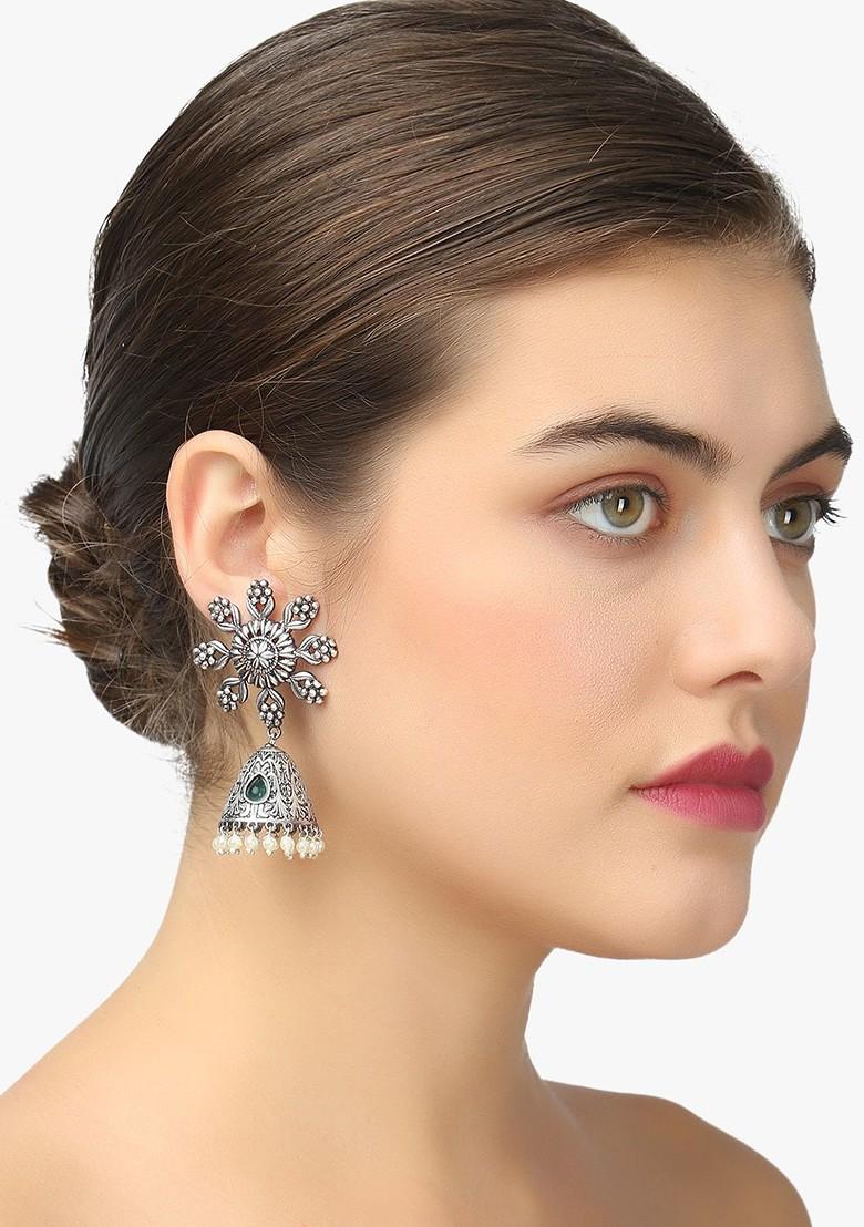 Silver Artificial Stones And Beads Silver Plated  Earrings