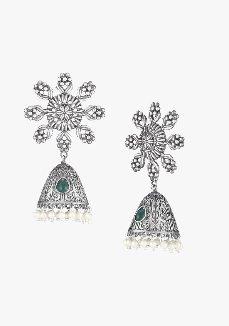 Silver Artificial Stones And Beads Silver Plated  Earrings