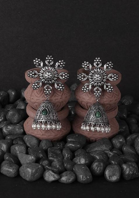 Silver Artificial Stones And Beads Silver Plated  Earrings