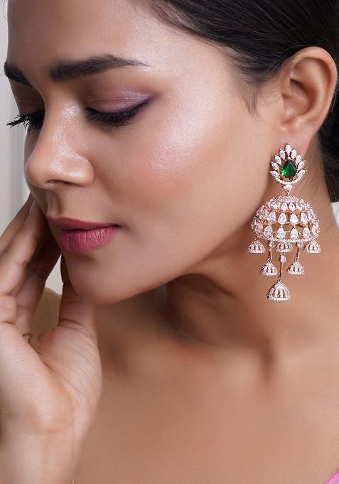 Rose Gold Stone Studded And Beaded Gold Plated Earrings