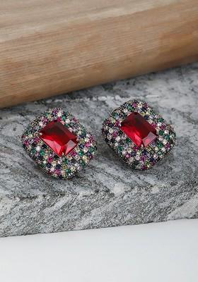 Silver Stone Studded And Beaded Rhodium Plated Earrings