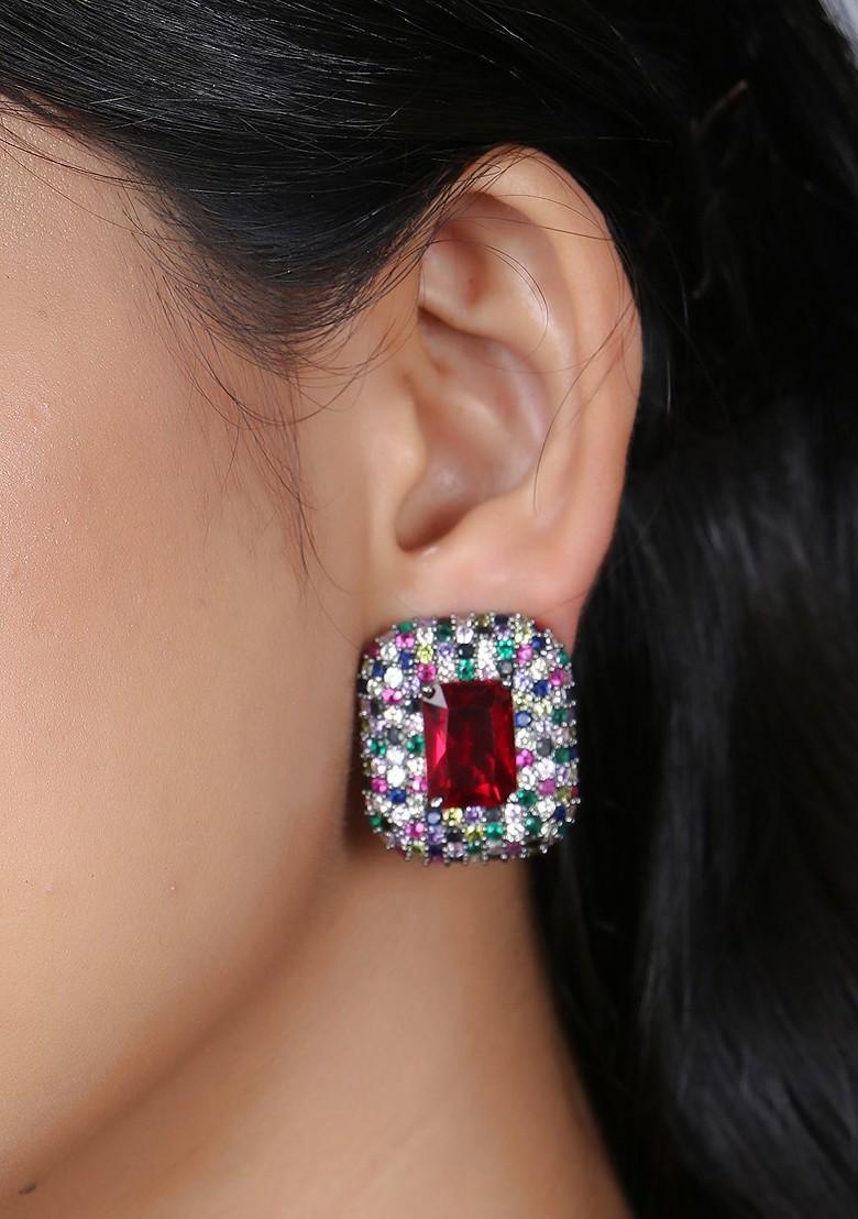 Silver Stone Studded And Beaded Rhodium Plated Earrings