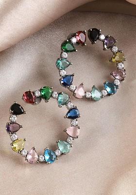 Silver Stone Studded And Beaded Rhodium Plated Earrings