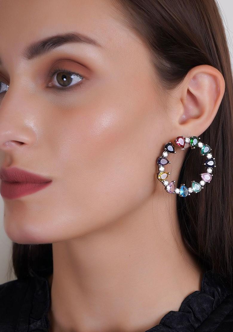 Silver Stone Studded And Beaded Rhodium Plated Earrings