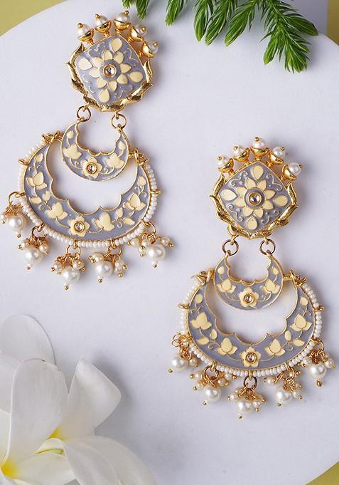 Grey Stone Studded And Beaded Gold Plated Earrings
