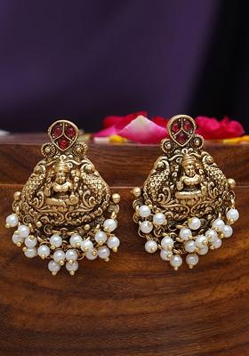 Gold Stone Studded And Beaded Gold Plated Earrings