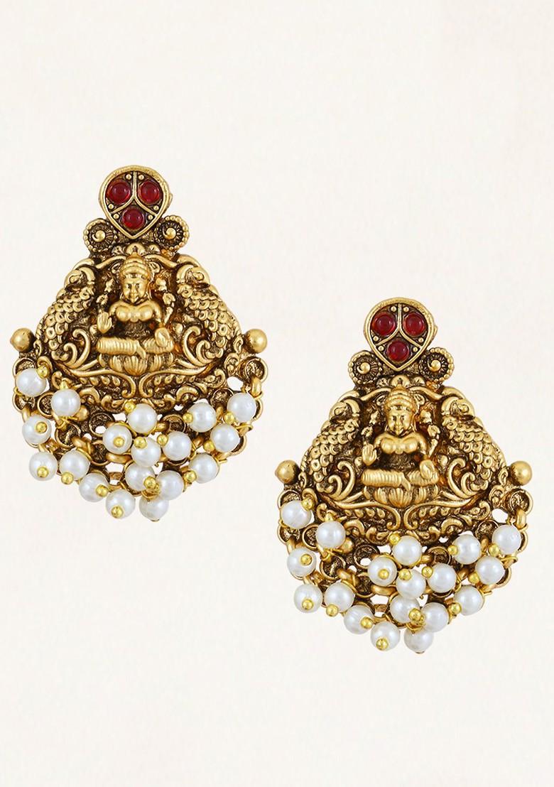 Gold Stone Studded And Beaded Gold Plated Earrings