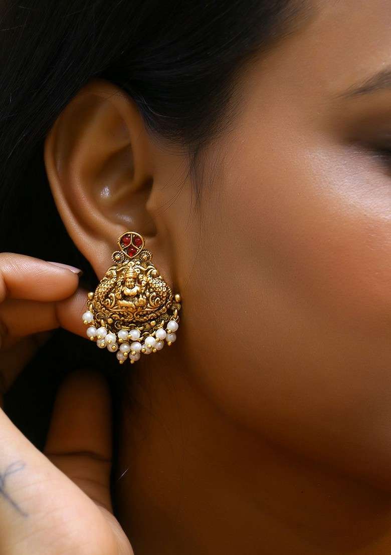 Gold Stone Studded And Beaded Gold Plated Earrings - Indya