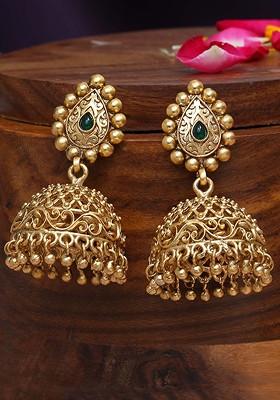 Gold Stone Studded And Beaded Gold Plated Earrings