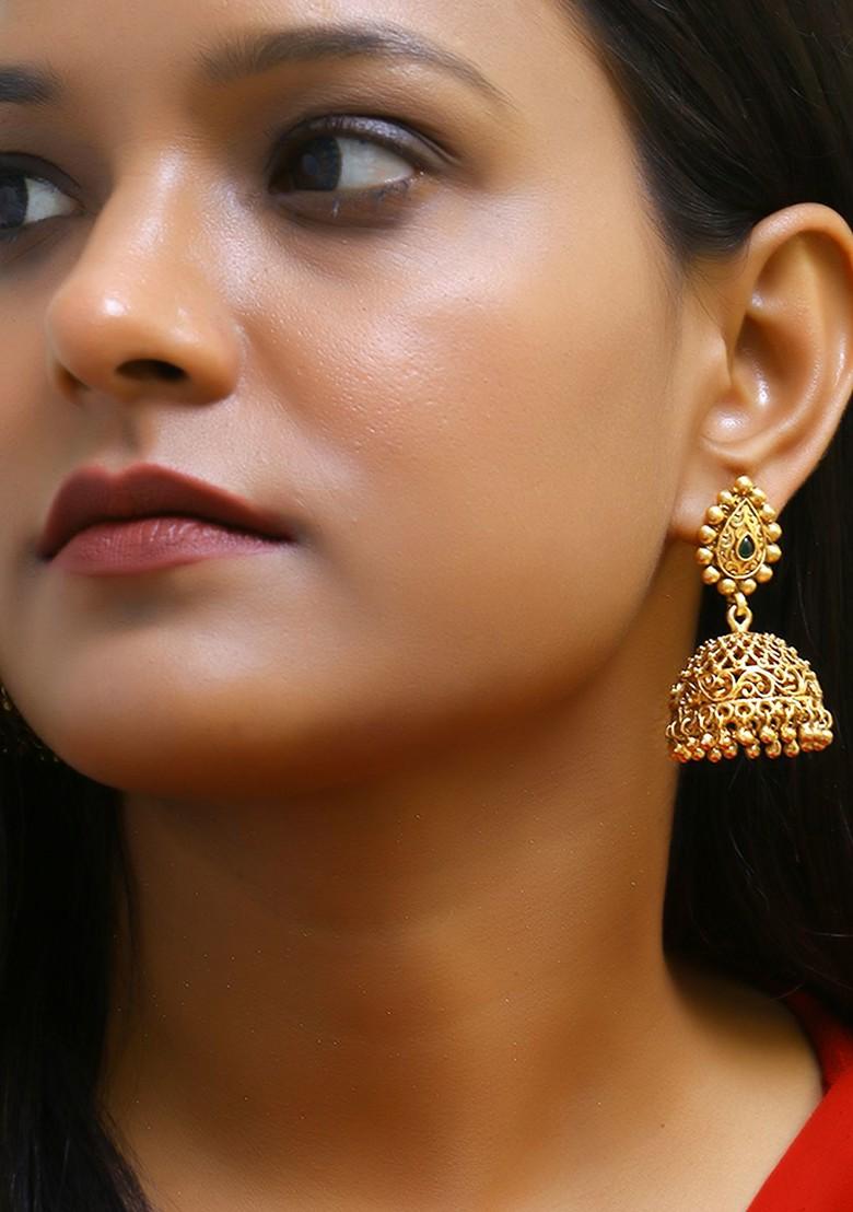 Gold Stone Studded And Beaded Gold Plated Earrings