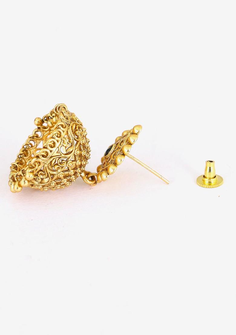 Gold Stone Studded And Beaded Gold Plated Earrings