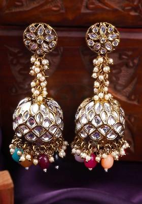 Gold Studded  And Beaded  Silver Plated  Earrings