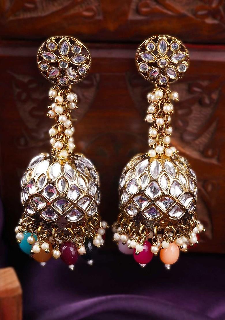 Gold Studded  And Beaded  Silver Plated  Earrings