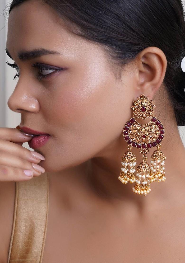 Gold Stone Studded And Beaded Gold Plated Earrings
