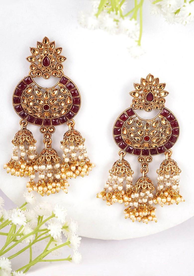 Gold Stone Studded And Beaded Gold Plated Earrings