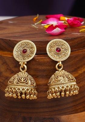 Gold Stone Studded And Beaded Gold Plated Earrings