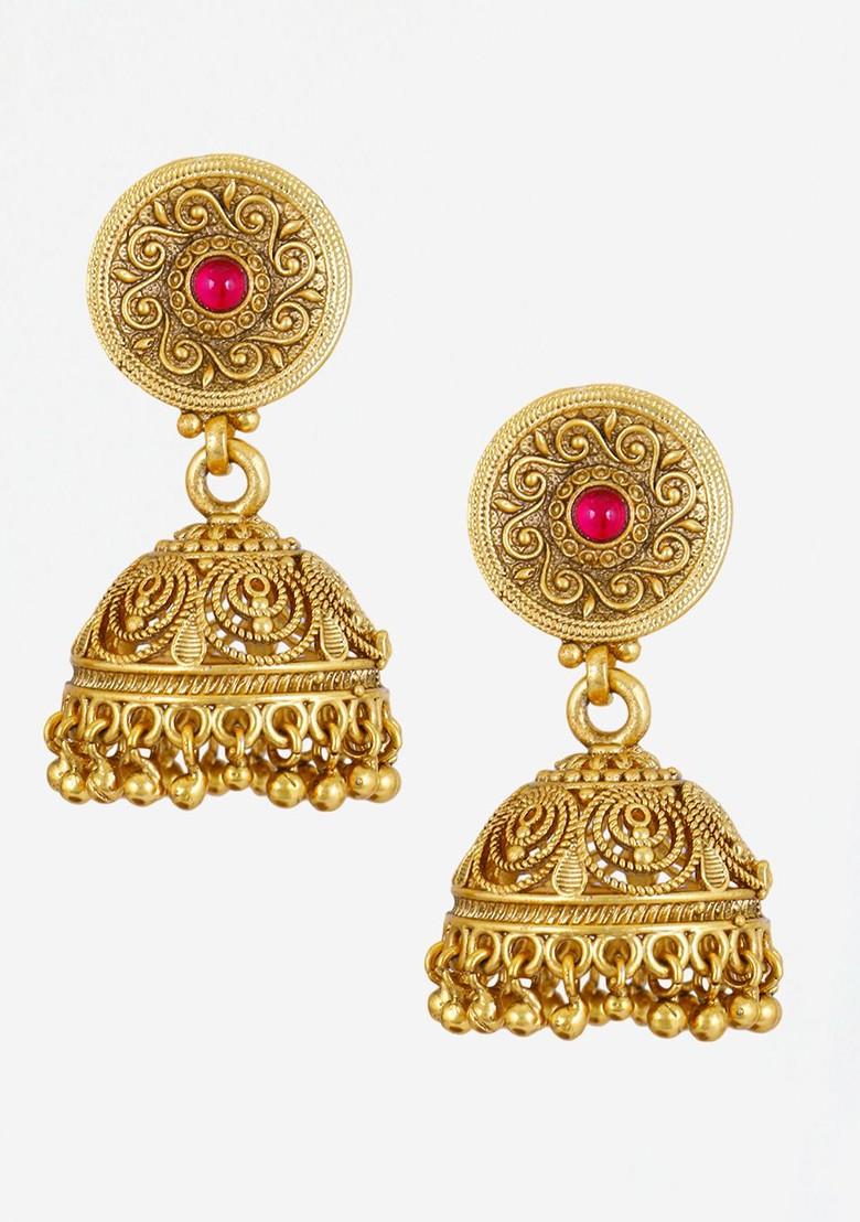 Gold Stone Studded And Beaded Gold Plated Earrings
