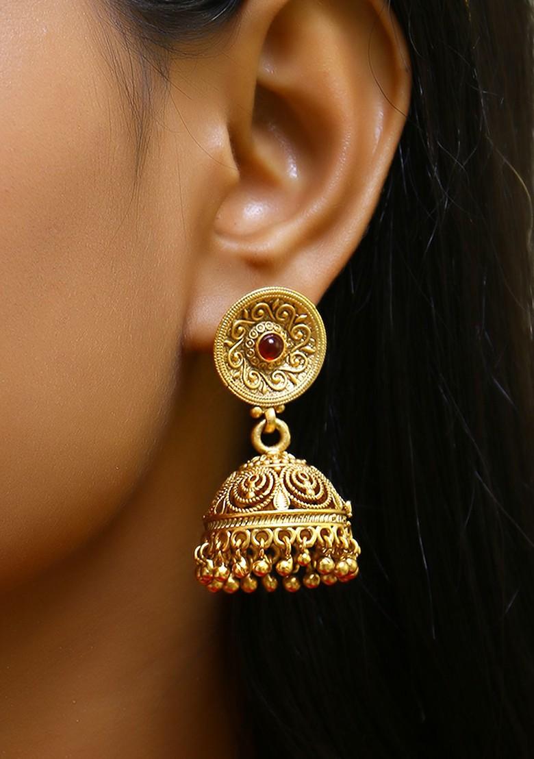 Gold Stone Studded And Beaded Gold Plated Earrings