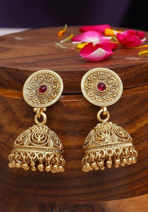 Gold Stone Studded And Beaded Gold Plated Earrings