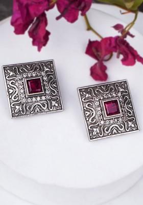 Silver Artificial Stones And Beads Silver Plated  Earrings