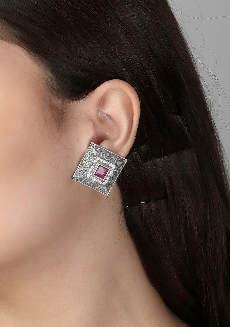 Silver Artificial Stones And Beads Silver Plated  Earrings