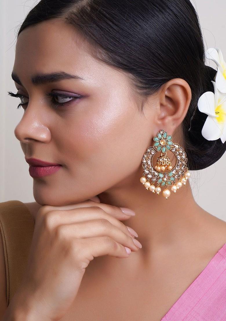 Gold Artificial Stones And Beads Gold Plated Earrings