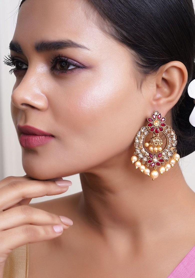 Gold Artificial Stones And Beads Gold Plated Earrings