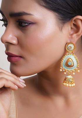 Blue Studded  And Beaded  Gold Plated Earrings