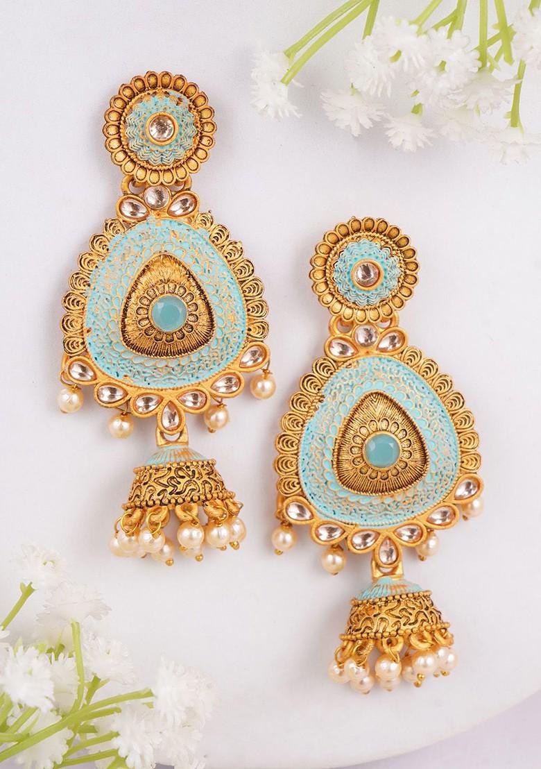 Blue Studded  And Beaded  Gold Plated Earrings